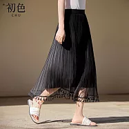 【初色】法式高腰鬆緊雪紡層紗條紋褶皺百褶流蘇裙襬半身長裙-黑色-35314(M-3XL可選) M 黑色