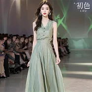 【初色】法式緞面雪紡收腰V領無袖高腰修身連衣裙連身洋裝長洋裝-綠色-35819(M-2XL可選) M 綠色