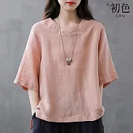 【初色】純色棉麻風五分袖短袖交叉圓領T恤開叉寬鬆不規則上衣女上衣-共3色-35725(M-4XL可選) M 粉色