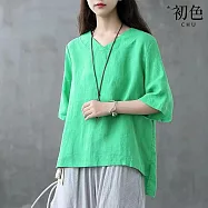 【初色】純色棉麻風五分袖短袖交叉圓領T恤開叉寬鬆不規則上衣女上衣-共3色-35725(M-4XL可選) L 綠色