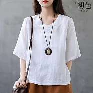 【初色】純色棉麻風五分袖短袖交叉圓領T恤開叉寬鬆不規則上衣女上衣-共3色-35725(M-4XL可選) L 白色