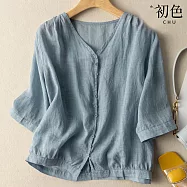 【初色】棉麻風寬鬆透氣顯瘦純色V字領單排釦短袖T恤上衣女上衣-共4色-35746(M-3XL可選) M 藍色