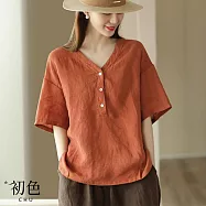 【初色】簡約風薄款棉麻純色大碼寬鬆V領五分袖短袖T恤上衣女上衣-共3色-35758(M-4XL可選) M 橘色