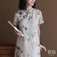 【初色】立領復古碎花印花寬鬆顯瘦旗袍短袖連身裙洋裝-杏色-35275(M-2XL可選) M 杏色