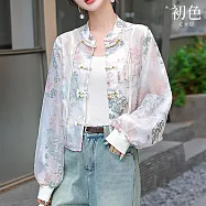 【初色】新中式輕薄網紗透膚繡花盤扣立領長袖襯衫外套女上衣-共3色-34400(M-2XL可選) 2XL 白色
