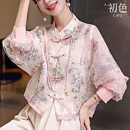 【初色】新中式輕薄網紗透膚繡花盤扣立領長袖襯衫外套女上衣-共3色-34400(M-2XL可選) 2XL 粉色