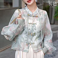 【初色】新中式輕薄網紗透膚繡花盤扣立領長袖襯衫外套女上衣-共3色-34400(M-2XL可選) L 綠色