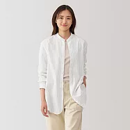 【MUJI 無印良品】女水洗平織布立領長袖長版襯衫 L 象牙白直紋
