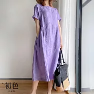 【初色】純色寬鬆圓領短袖中大尺碼中長裙連身洋裝連身裙洋裝-共7色-33931(M-3XL可選) M 紫色
