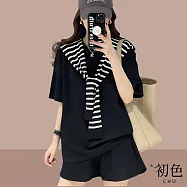 【初色】寬鬆遮肉顯瘦素色休閒上衣+百搭有口袋高腰運動短褲套裝-共3色-34004(M-2XL可選) M 黑色