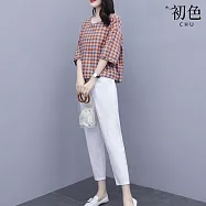 【初色】格紋V領七分長袖腰綁帶T恤上衣女上衣+九分長褲闊腿褲休閒褲套裝-共2色-34446(M-3XL可選) M 紅色