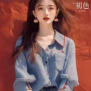 【初色】秋氛拼接蕾絲長袖上衣系列女上衣-14款任選-37337(M-3XL可選) M H.藍色條紋