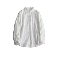 【ACheter】 原創亞麻感長袖圓領襯衫文藝寬鬆純色短版上衣# 123147 L 白色