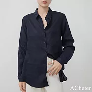 【ACheter】 原創亞麻感長袖圓領襯衫文藝寬鬆純色短版上衣# 123147 L 藏青色