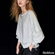 【MsMore】 邂逅約會簡約風白色工裝口袋時尚拼接長袖下擺鬆緊短上衣# 123231 L 白色