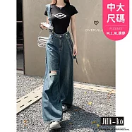 【Jilli~ko】中大尺碼牛仔寬鬆破洞落地吊帶褲 L-XL J11700 L 藍色