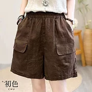 【初色】鬆緊腰大口袋純色薄款A字棉麻風休閒褲五分寬褲短褲-共4色-35705(M-2XL可選) M 咖啡色