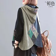 【初色】文藝復古風印花拼接大碼寬鬆連帽牛仔馬甲外套女外套-共2色-36860(M-4XL可選) 3XL 藏青色