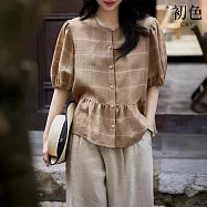 【初色】亞麻風半高領荷葉擺泡泡袖短袖五分袖襯衫上衣女上衣-卡其色-35956(M-2XL可選) XL 卡其色