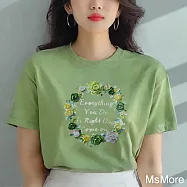 【MsMore】 新娘花圈立體印花圓領精梳棉短袖短版T恤上衣台灣現貨# 121672 XL 果綠色
