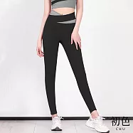 【初色】撞色拼接修身顯瘦彈力提臀高腰緊身瑜珈運動長褲-共6色-37488(M-2XL可選) M 黑色