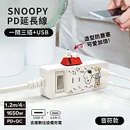 【正版授權】SNOOPY史努比 一開三插PD+QC延長線1.2M(附紅屋造型防塵塞) 音符款