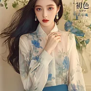 【初色】法式藍色碎花印花翻領長袖襯衫寬鬆上衣女上衣-花色-37092(M-2XL可選) XL 花色