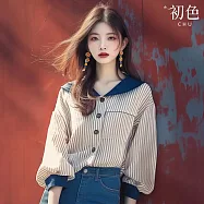 【初色】寬鬆顯瘦海軍領條紋單排扣襯衫T恤上衣女上衣-條紋-37101(M-3XL可選) L 條紋