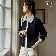 【初色】假兩件寬鬆拉鍊條紋襯衫外搭上衣女上衣-藏青色-37116(M-3XL可選) XL 藏青色