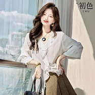 【初色】法式簡約微皺肌理感荷葉邊V領寬鬆喇叭袖長袖襯衫上衣女上衣-白色-37077(M-XL可選) M 白色