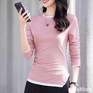 【MsMore】 假兩件圓領不規則長袖t恤修身拼色內搭短版上衣# 123502 XL 粉紅色