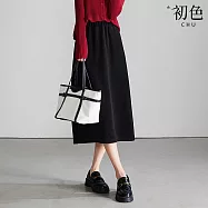 【初色】通勤風純色燈芯絨毛呢後開衩A字半身裙中長裙-共3色-37516(M-2XL可選) M 黑色