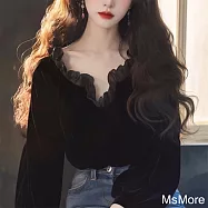 【MsMore】 法式赫本風黑色絲絨上衣絕美公主風獨特V領短版上衣# 123601 XL 黑色