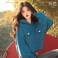 【初色】簡約風純色口袋裝飾短款寬鬆落肩袖長袖連帽抽繩帽T上衣女上衣-藍色-38155(M-3XL可選) M 藍色