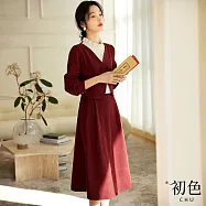 【初色】假兩件式荷葉領口復古盤扣撞色拼接繫帶收腰連衣裙連身洋裝長洋裝-酒紅色-33024(M-2XL可選) M 酒紅色