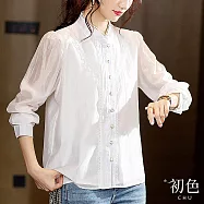 【初色】微高領花邊拼接蕾絲壓褶長袖襯衫上衣女上衣-白色-33240(M-2XL可選) 2XL 白色