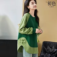 【初色】新中式拼接緹花盤扣圓領插肩袖長袖中大尺碼寬鬆T恤衛衣上衣女上衣-綠色-38078(L-4XL可選) L 綠色