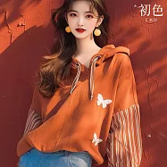 【初色】雪紡慵懶風蝴蝶印花條紋撞色連帽抽繩長袖燈籠袖連帽T恤上衣女上衣-橘色-38161(M-3XL可選) M 橘色