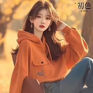 【初色】韓系寬鬆顯瘦植物印花胸口袋連帽抽繩長袖連帽T恤上衣女上衣-橘色-38175(M-2XL可選) M 橘色