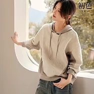 【初色】簡約風撞色寬鬆螺紋拼接連帽抽繩長袖落肩袖連帽T恤衛衣上衣女上衣-米駝色-38178(M-2XL可選) M 米駝色