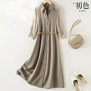 【初色】純色拼接網紗七分袖襯衫領排釦中長裙連衣裙連身洋裝長裙-灰駝色-37903(M-2XL可選) M 灰駝色