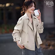 【初色】韓版純色短版雙排釦風衣長袖外套女外套-共2色-38202(M-3XL可選) M 淺卡其色