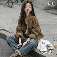 【初色】復古風純色寬鬆短款單排釦長袖工裝牛仔外套女外套-茶咖色-38192(M-XL可選) M 茶咖色
