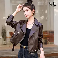 【初色】個性修身純色短款翻領長袖拉鍊防風皮衣機車夾克外套女外套-共2色-37917(M-2XL可選) M 咖色