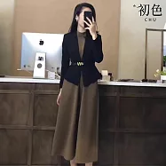 【初色】修身長袖西裝外套女外套+純色高領無袖中長連衣裙連身洋裝套裝-褐色-37919(M-2XL可選) 2XL 褐色