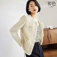 【初色】法式小香風純色短款圓領長袖粗花呢毛邊寬鬆外套女外套-米杏色-37931(M-2XL可選) M 米杏色