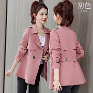 【初色】韓版通勤風純色雙排釦修身傘擺西裝領長袖風衣外套女外套-共3色-38207(M-4XL可選) M 淡粉色