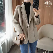 【初色】韓版純色寬鬆大口袋雙面一粒扣西裝領長袖西裝外套女外套-燕麥色-38282(M-2XL可選) M 燕麥色