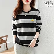 【初色】小南瓜印花撞色條紋圓領長袖T恤上衣女上衣-黑灰條紋-37938(M-4XL可選) L 黑灰條紋