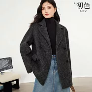 【初色】韓版寬鬆雙面呢鈕扣雙排釦拼接口袋西裝領長袖大衣外套女外套-深灰色-38285(M-2XL可選) M 深灰色